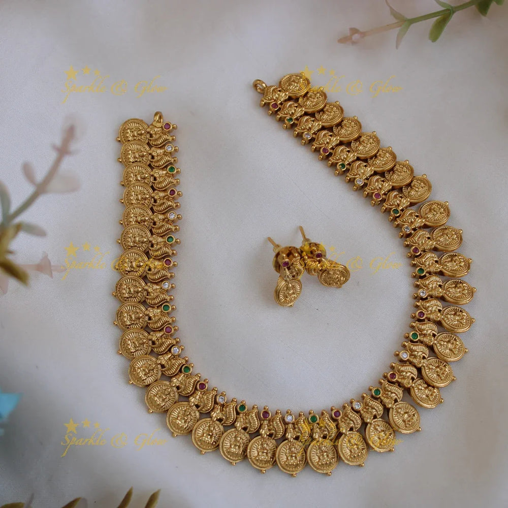 Premium matte budgetted Lakshmi coin necklace - Sparkle and Glow