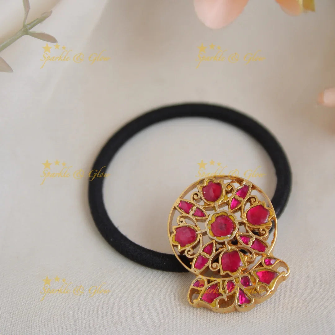 Simple Floral Design Jadau Hair band-Red - Sparkle and Glow