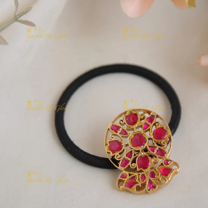 Simple Floral Design Jadau Hair band-Red - Sparkle and Glow