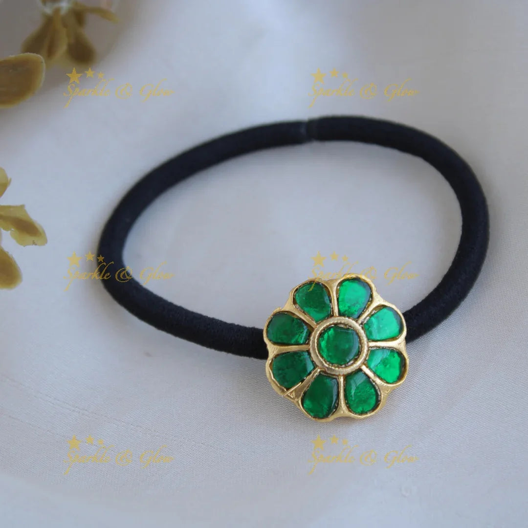 Simple Small Floral Design Jadau Hair band-Green - Sparkle and Glow