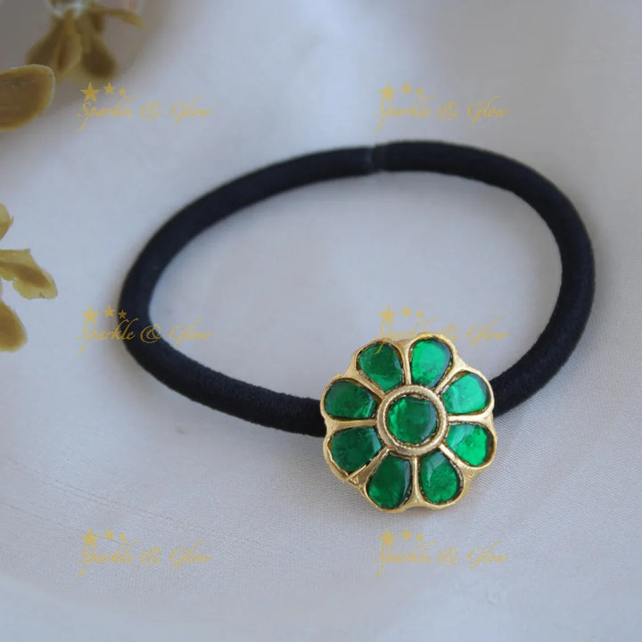 Simple Small Floral Design Jadau Hair band-Green - Sparkle and Glow