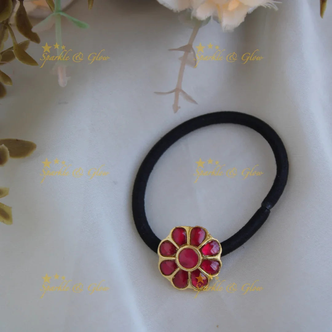 Simple Small Floral Design Jadau Hair band-Green - Sparkle and Glow