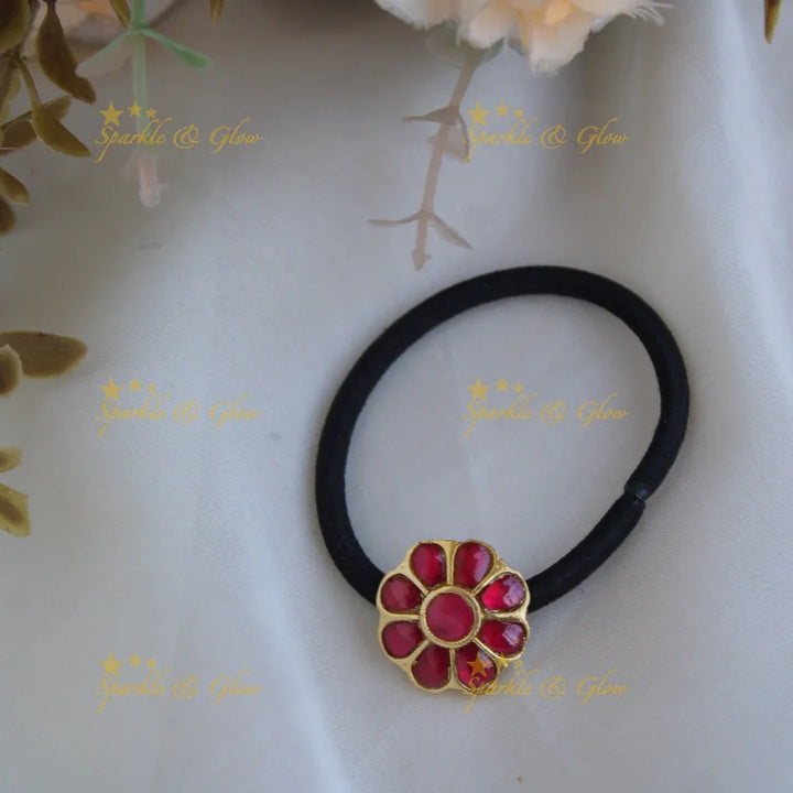 Simple Small Floral Design Jadau Hair band-Green - Sparkle and Glow