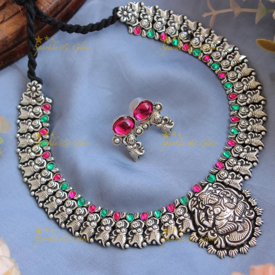 Beautiful Kohlapuri oxidised dancing lady carved silver short necklace - Sparkle and Glow