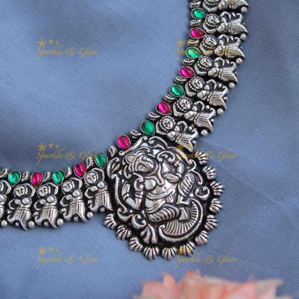 Beautiful Kohlapuri oxidised dancing lady carved silver short necklace - Sparkle and Glow