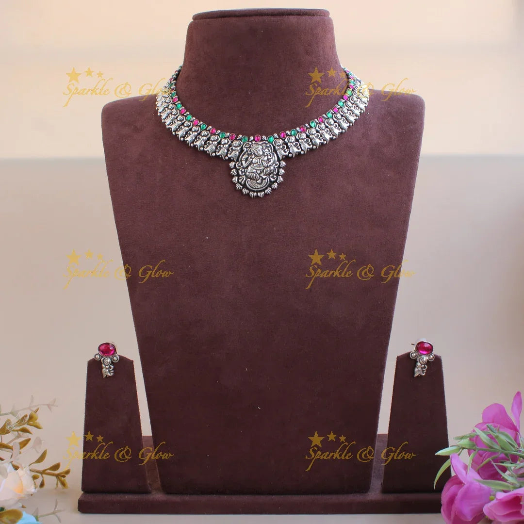 Beautiful Kohlapuri oxidised dancing lady carved silver short necklace - Sparkle and Glow