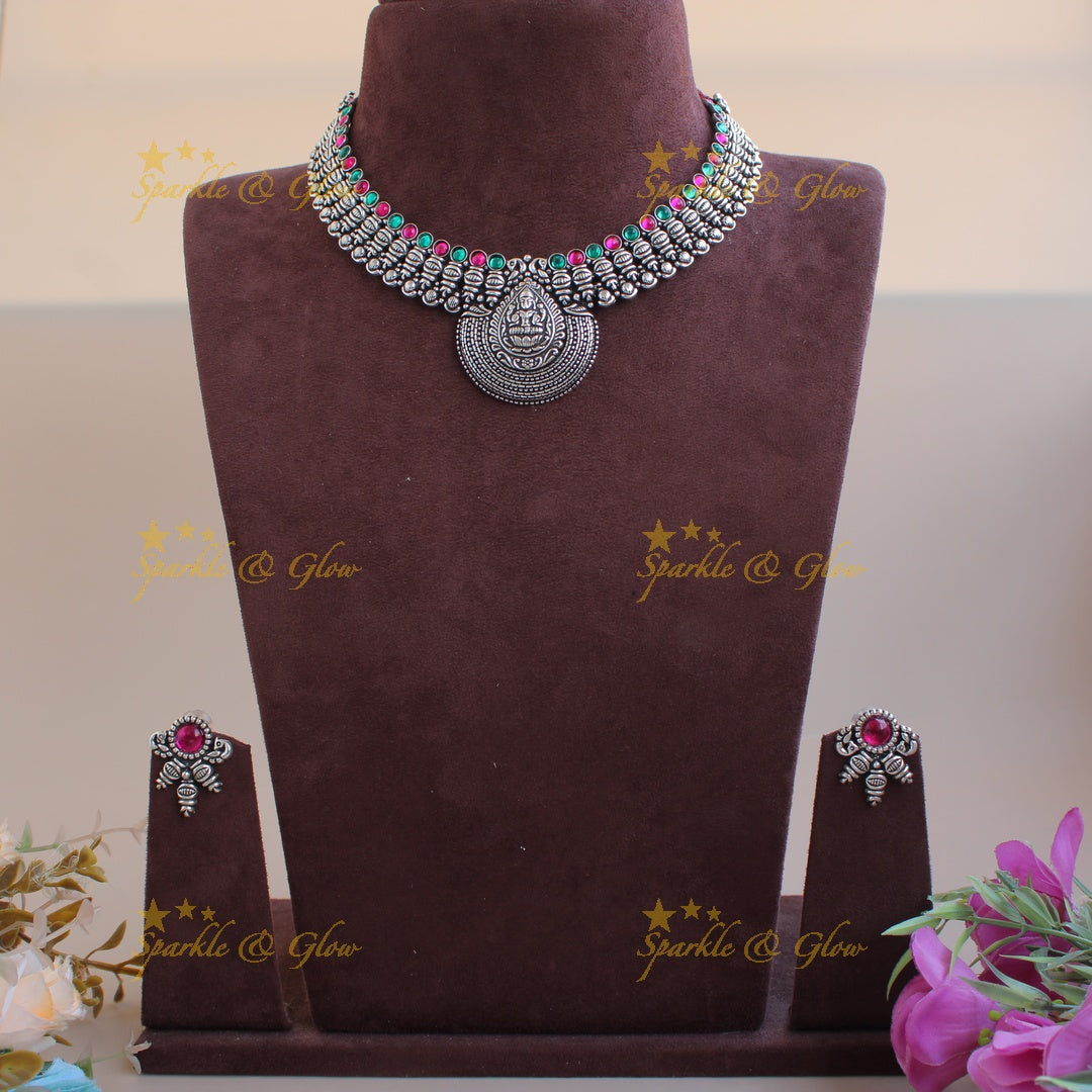 Exclusive Kohlapuri oxidised Lakshmi peacock carved unique design silver short necklace - Sparkle and Glow