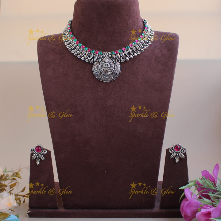 Exclusive Kohlapuri oxidised Lakshmi peacock carved unique design silver short necklace - Sparkle and Glow