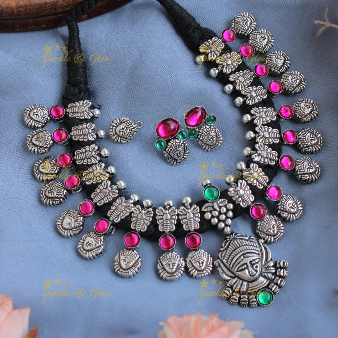 Goddess Kohlapuri oxidised Durga and butterfly carved black thread silver short necklace - Sparkle and Glow