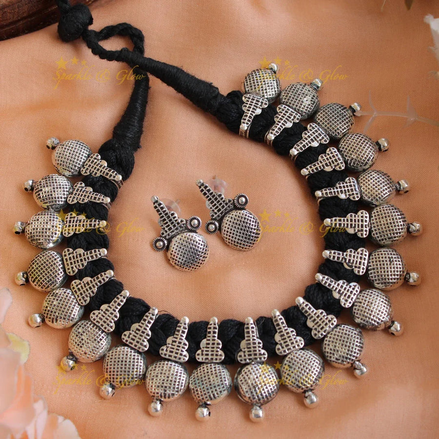 Exclusive Kohlapuri oxidised Tribal design black thread silver short necklace - Sparkle and Glow