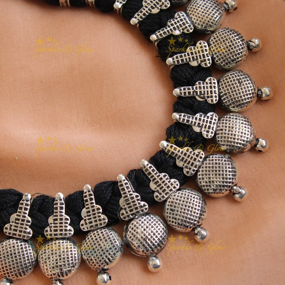 Exclusive Kohlapuri oxidised Tribal design black thread silver short necklace - Sparkle and Glow