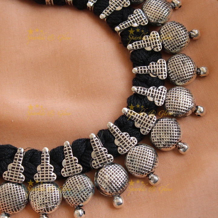 Exclusive Kohlapuri oxidised Tribal design black thread silver short necklace - Sparkle and Glow