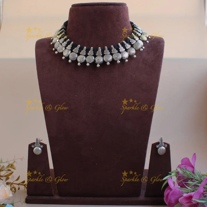 Exclusive Kohlapuri oxidised Tribal design black thread silver short necklace - Sparkle and Glow