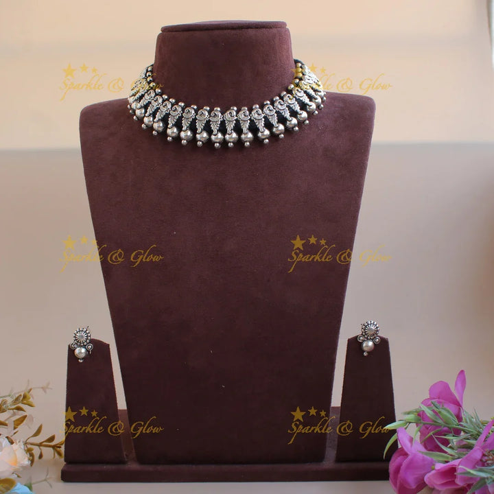 Statement Kohlapuri oxidised Peacock carved black thread silver short necklace with silver beads - Sparkle and Glow