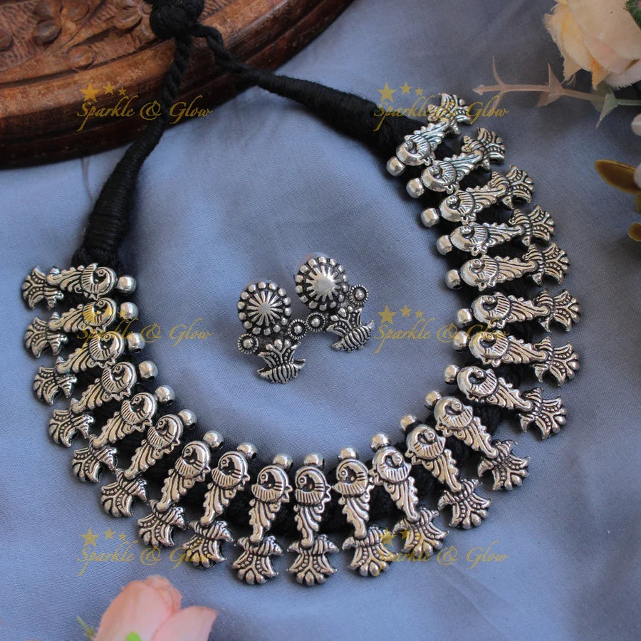 Elegant Kohlapuri oxidised Peacock carved black thread silver short necklace - Sparkle and Glow
