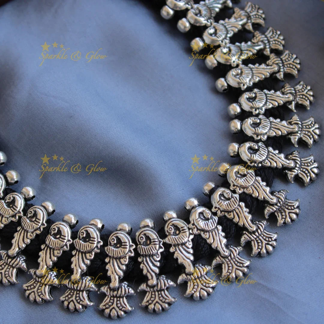 Elegant Kohlapuri oxidised Peacock carved black thread silver short necklace - Sparkle and Glow