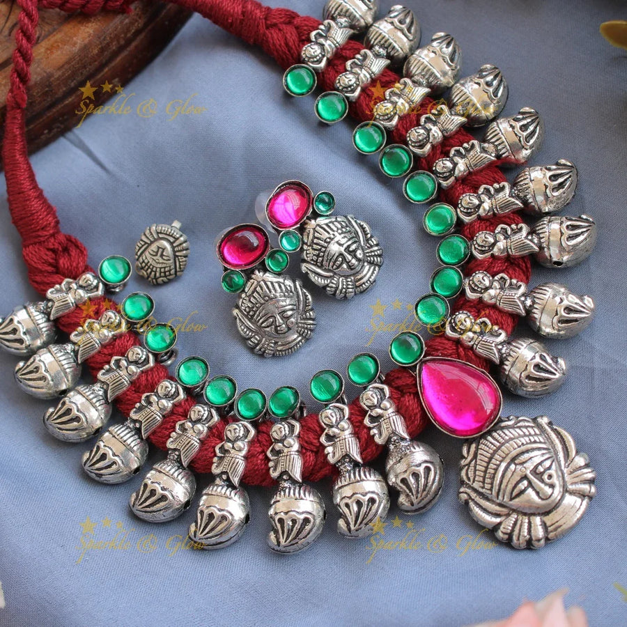 Kohlapuri oxidised Goddess durga and dancing lady and mango carved red thread silver short necklace - Sparkle and Glow