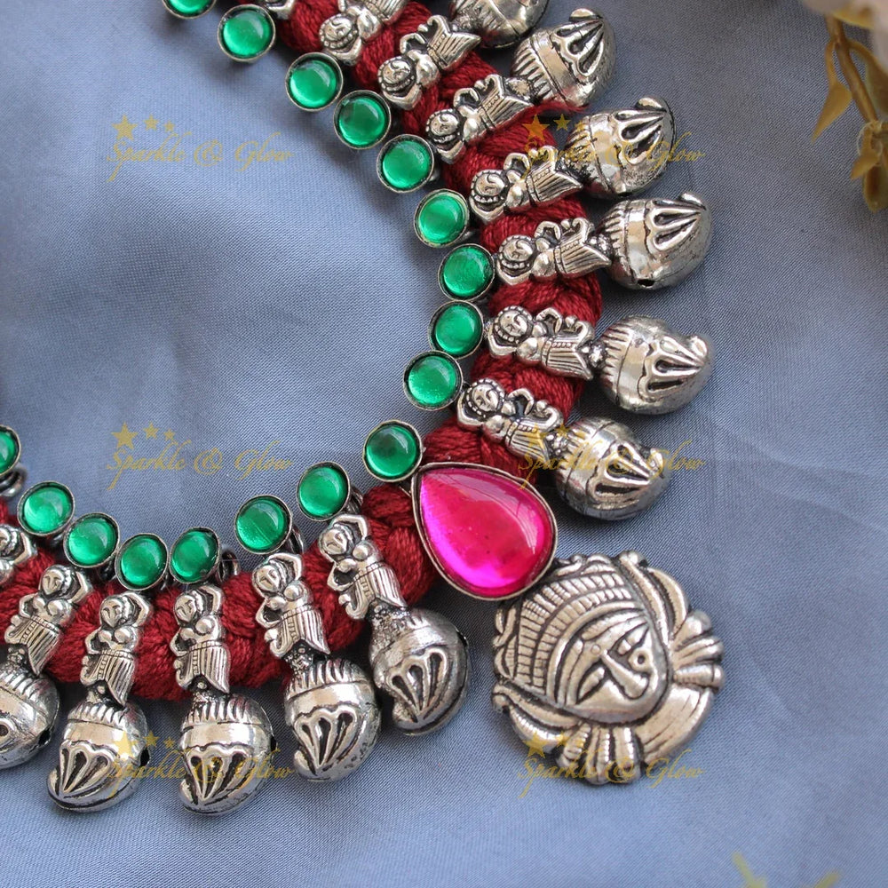 Kohlapuri oxidised Goddess durga and dancing lady and mango carved red thread silver short necklace - Sparkle and Glow