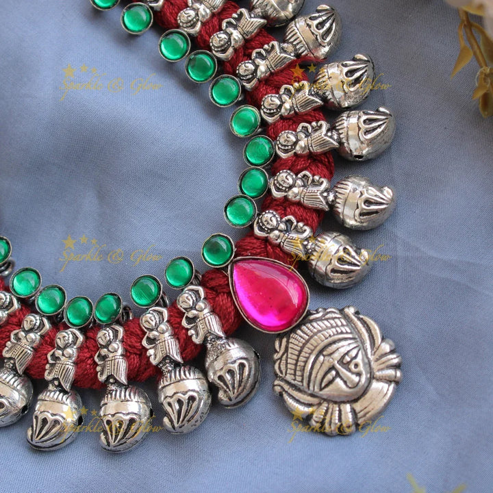 Kohlapuri oxidised Goddess durga and dancing lady and mango carved red thread silver short necklace - Sparkle and Glow