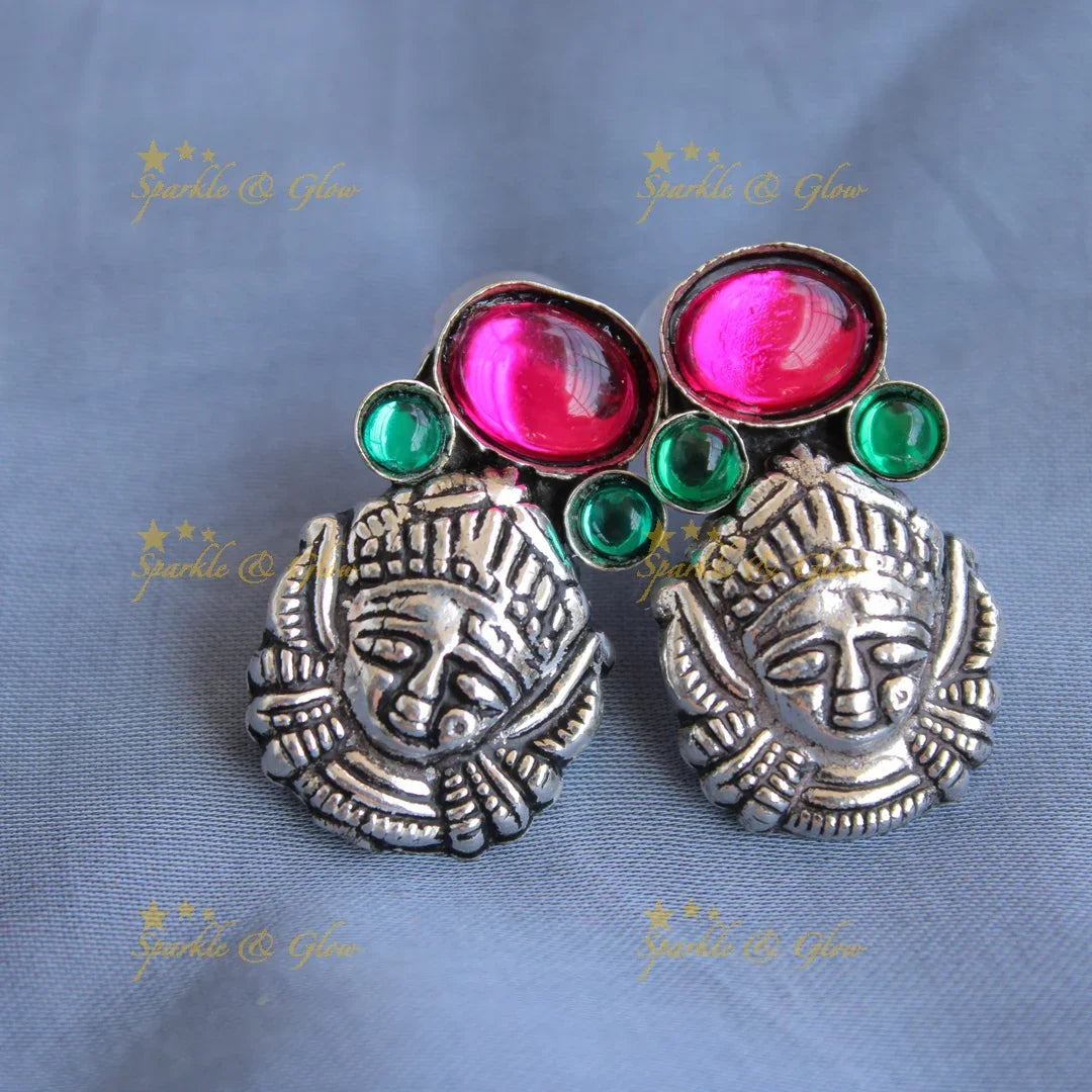 Kohlapuri oxidised Goddess durga and dancing lady and mango carved red thread silver short necklace - Sparkle and Glow