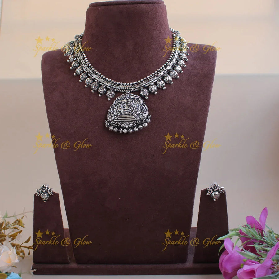 Exquisite Kohlapuri oxidised Lakshmi Narayan carved pendant silver short necklace with silver beads - Sparkle and Glow