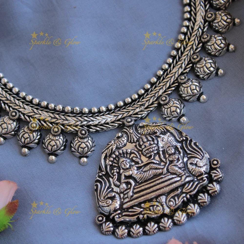 Exquisite Kohlapuri oxidised Lakshmi Narayan carved pendant silver short necklace with silver beads - Sparkle and Glow