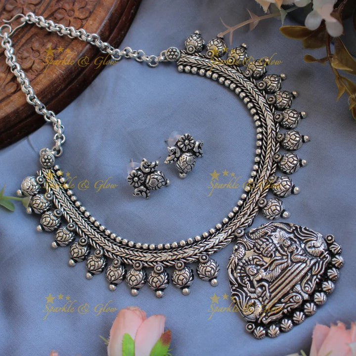 Exquisite Kohlapuri oxidised Lakshmi Narayan carved pendant silver short necklace with silver beads - Sparkle and Glow