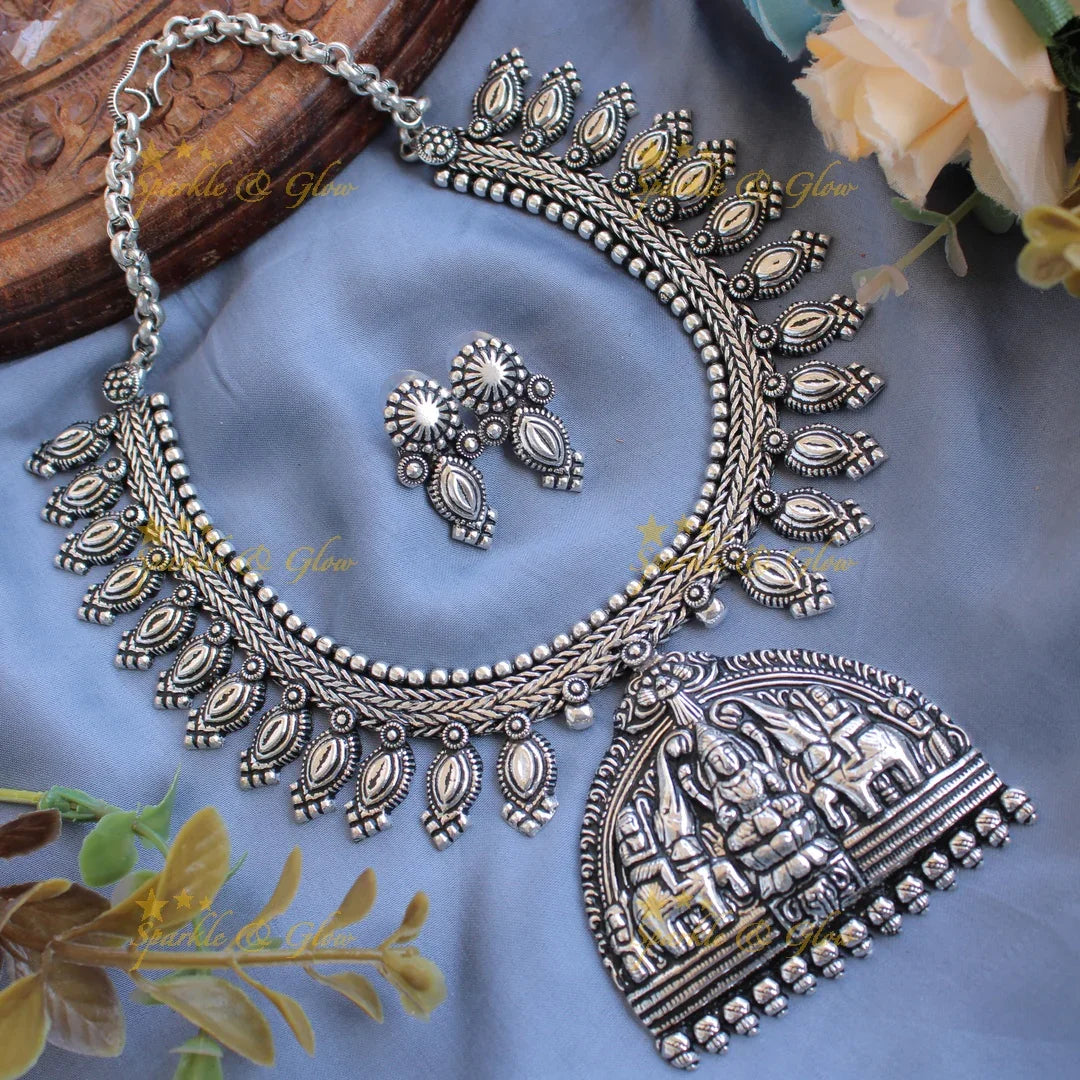 Beautiful Kohlapuri oxidised Lakshmi elephant carved pendant silver spike short necklace with silver beads - Sparkle and Glow