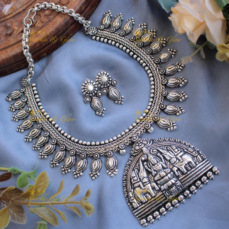 Beautiful Kohlapuri oxidised Lakshmi elephant carved pendant silver spike short necklace with silver beads - Sparkle and Glow