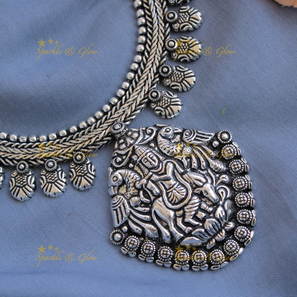 Beautiful Kohlapuri oxidised Krishna playing flute carved pendant floral silver short necklace - Sparkle and Glow