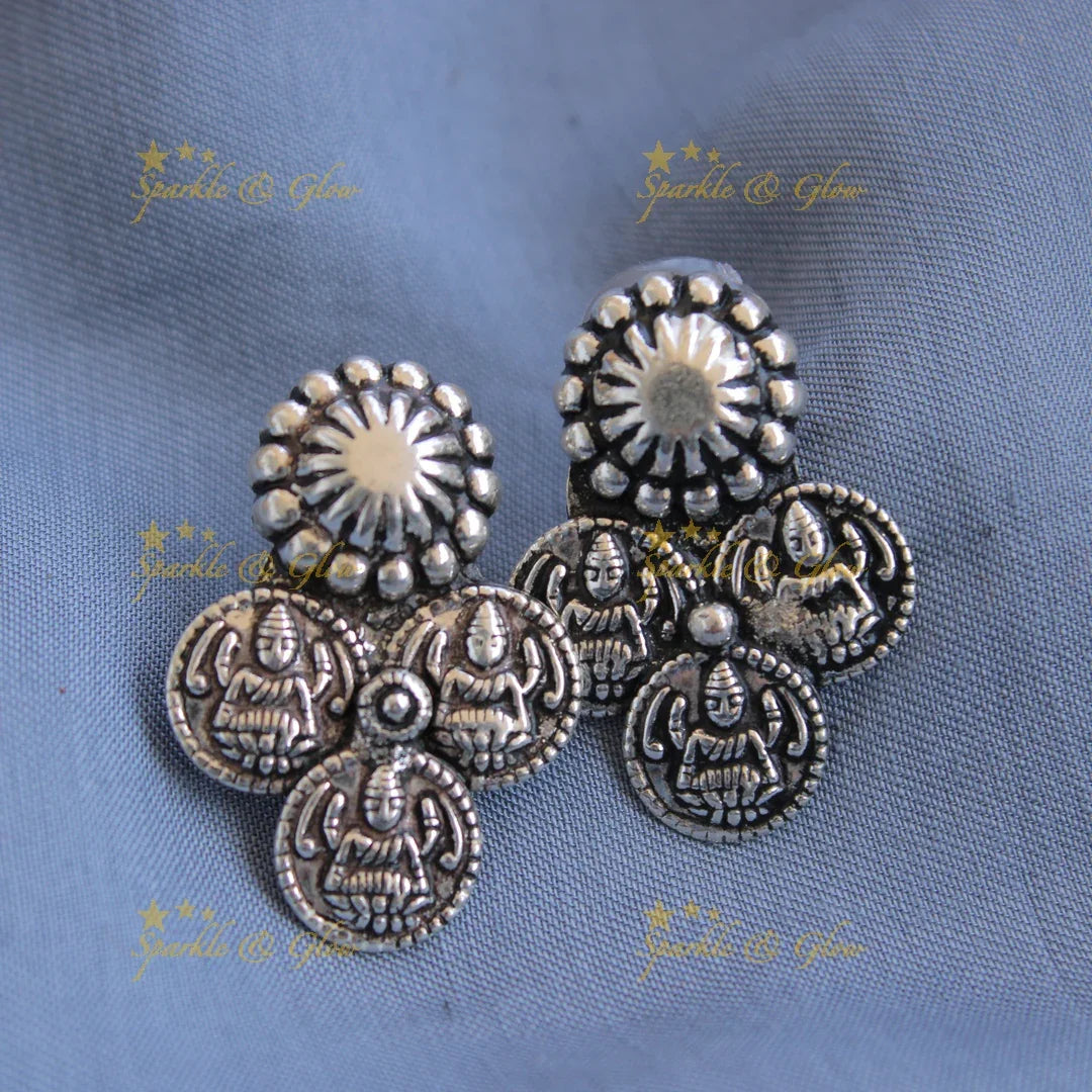 Grand intricate Kohlapuri oxidised Lakshmi coin and spike design silver short necklace - Sparkle and Glow