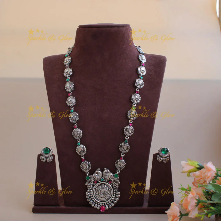 Kohlapuri oxidised Goddess Durga and peacock carved silver long neclkace - pink - Sparkle and Glow