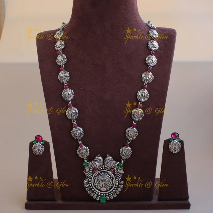Kohlapuri oxidised Goddess Durga and peacock carved silver long neclkace - pink - Sparkle and Glow
