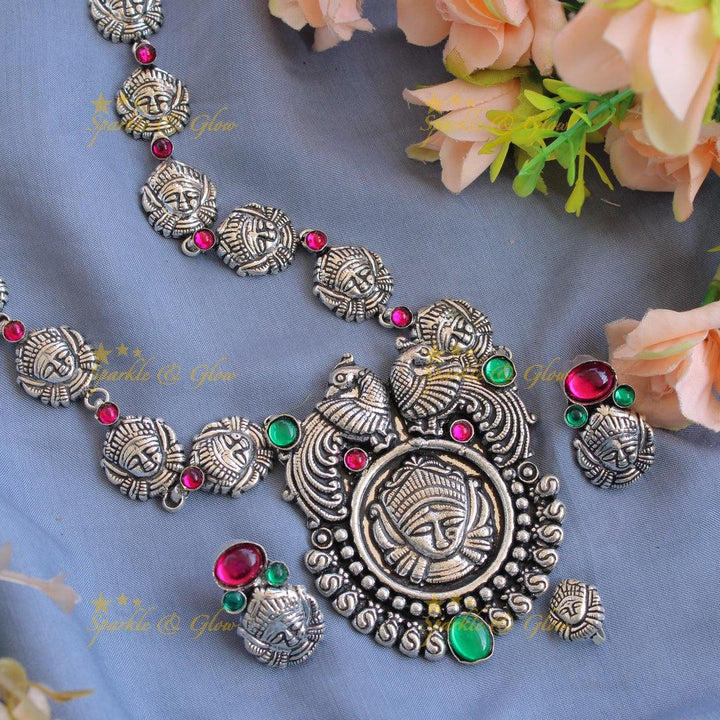 Kohlapuri oxidised Goddess Durga and peacock carved silver long neclkace - pink - Sparkle and Glow