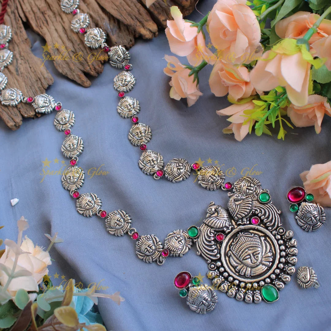Kohlapuri oxidised Goddess Durga and peacock carved silver long neclkace - pink - Sparkle and Glow