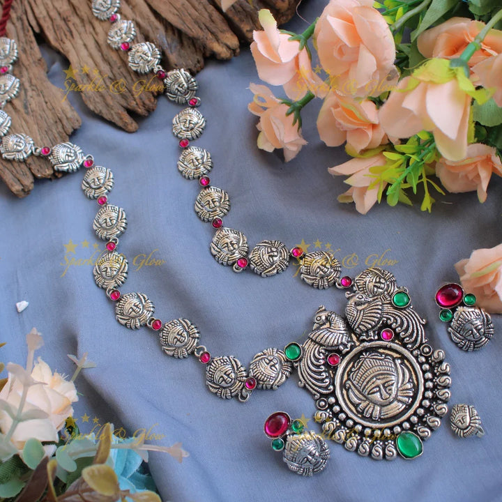 Kohlapuri oxidised Goddess Durga and peacock carved silver long neclkace - pink - Sparkle and Glow