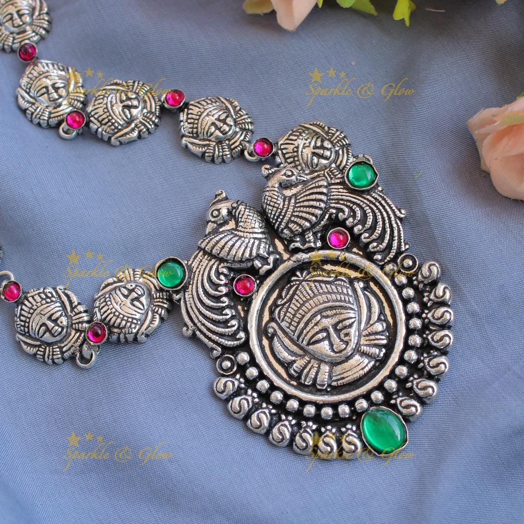 Kohlapuri oxidised Goddess Durga and peacock carved silver long neclkace - pink - Sparkle and Glow