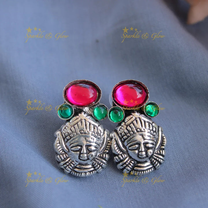 Kohlapuri oxidised Goddess Durga and peacock carved silver long neclkace - pink - Sparkle and Glow