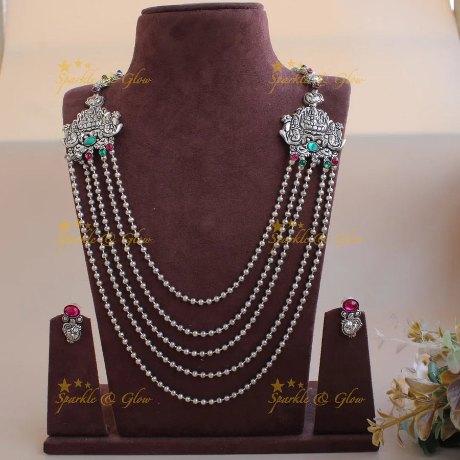 Gorgeous Kohlapuri oxidised Lakshmi peacock carved silver multi layer haram with silver beads - Sparkle and Glow