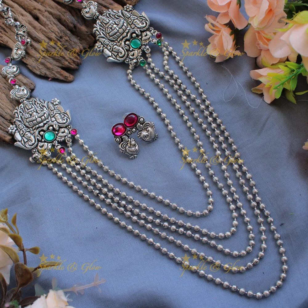 Gorgeous Kohlapuri oxidised Lakshmi peacock carved silver multi layer haram with silver beads - Sparkle and Glow