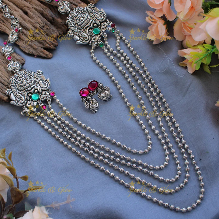 Gorgeous Kohlapuri oxidised Lakshmi peacock carved silver multi layer haram with silver beads - Sparkle and Glow