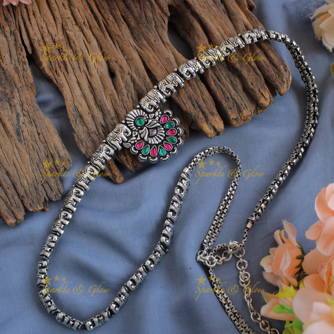 Stunning Kohlapuri oxidised Elephant carved floral pendant  Hip chain