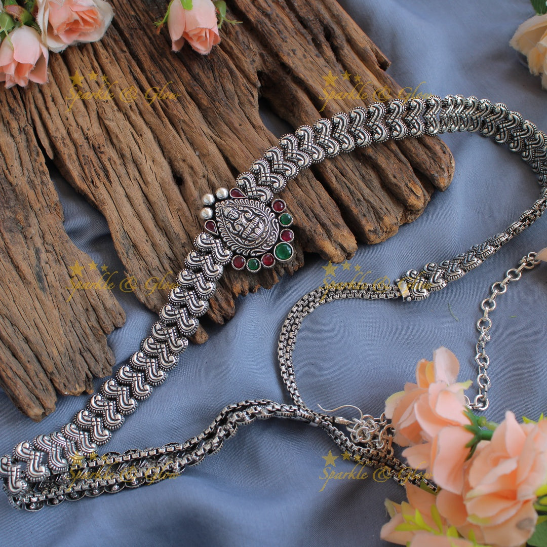 Elegant Kohlapuri oxidised Branch design Lakshmi carved pendant  Hip chain