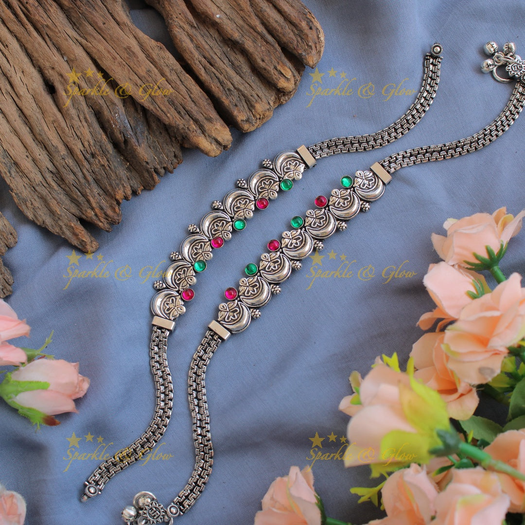Beautiful oxidised floral and moon design multi colour  anklet