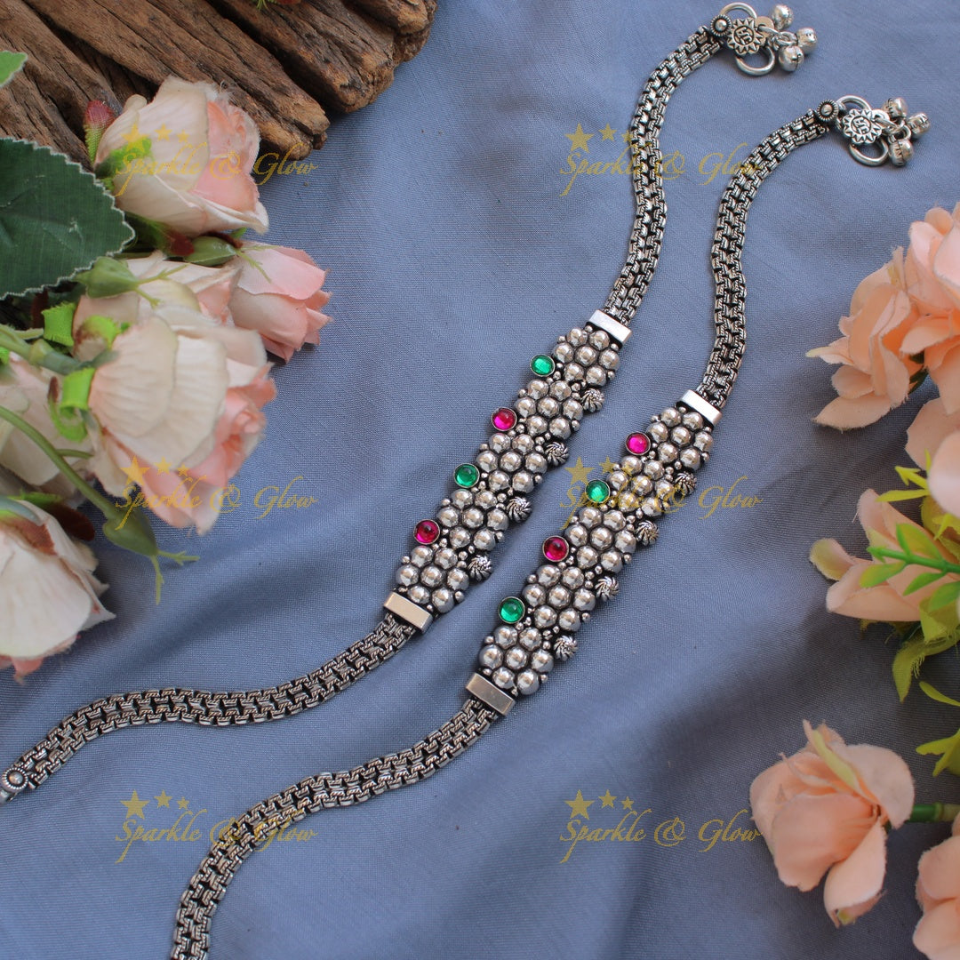 Gorgeous oxidised silver beads flower design multi colour  anklet