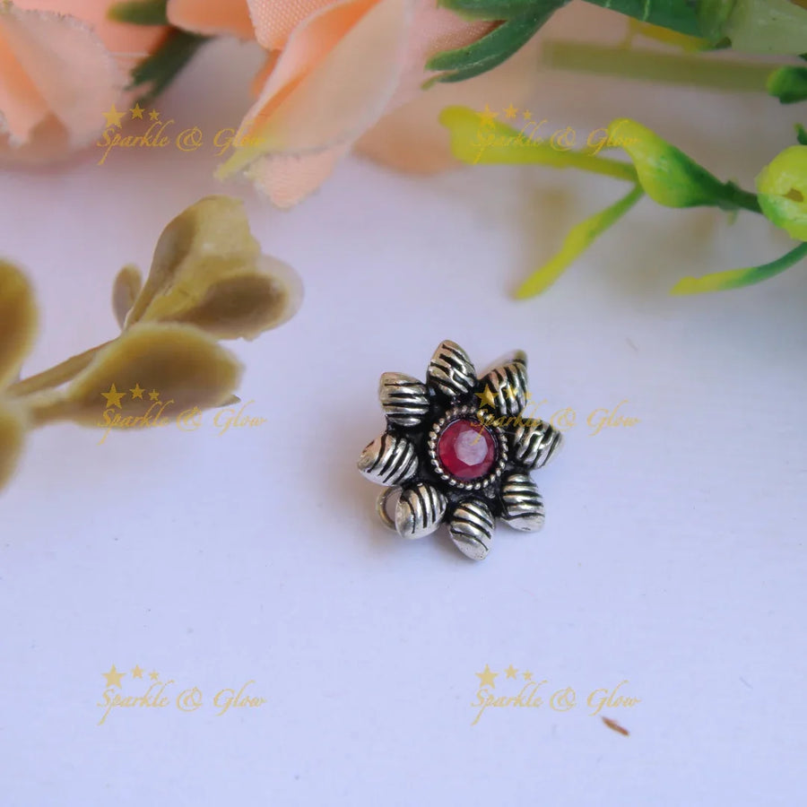 Elegant oxidised silver floral design nose pin with ruby - Sparkle and Glow