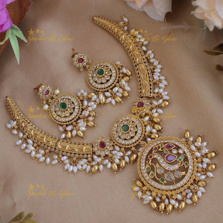 Premium matt floral peacock carved gutta pusalu short necklace with CZ stones rice pearls ruby - Sparkle and Glow