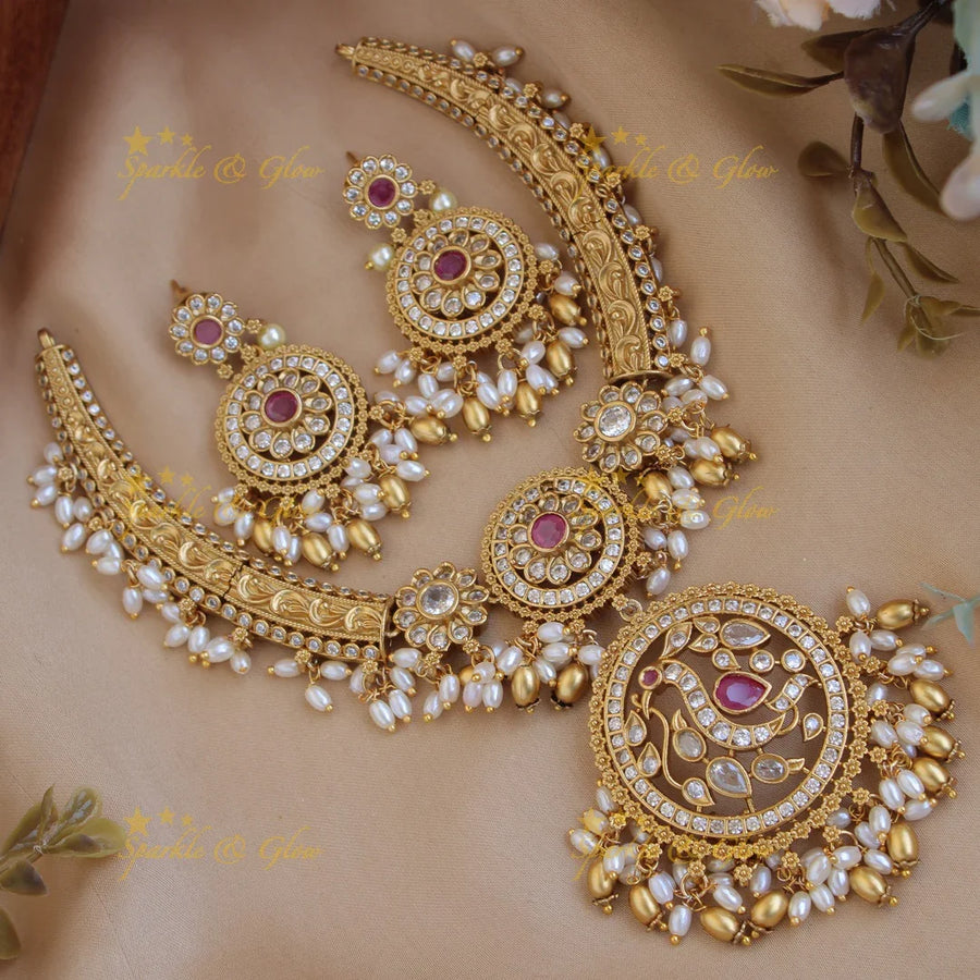 Premium matt floral peacock carved gutta pusalu short necklace with CZ stones rice pearls ruby - Sparkle and Glow