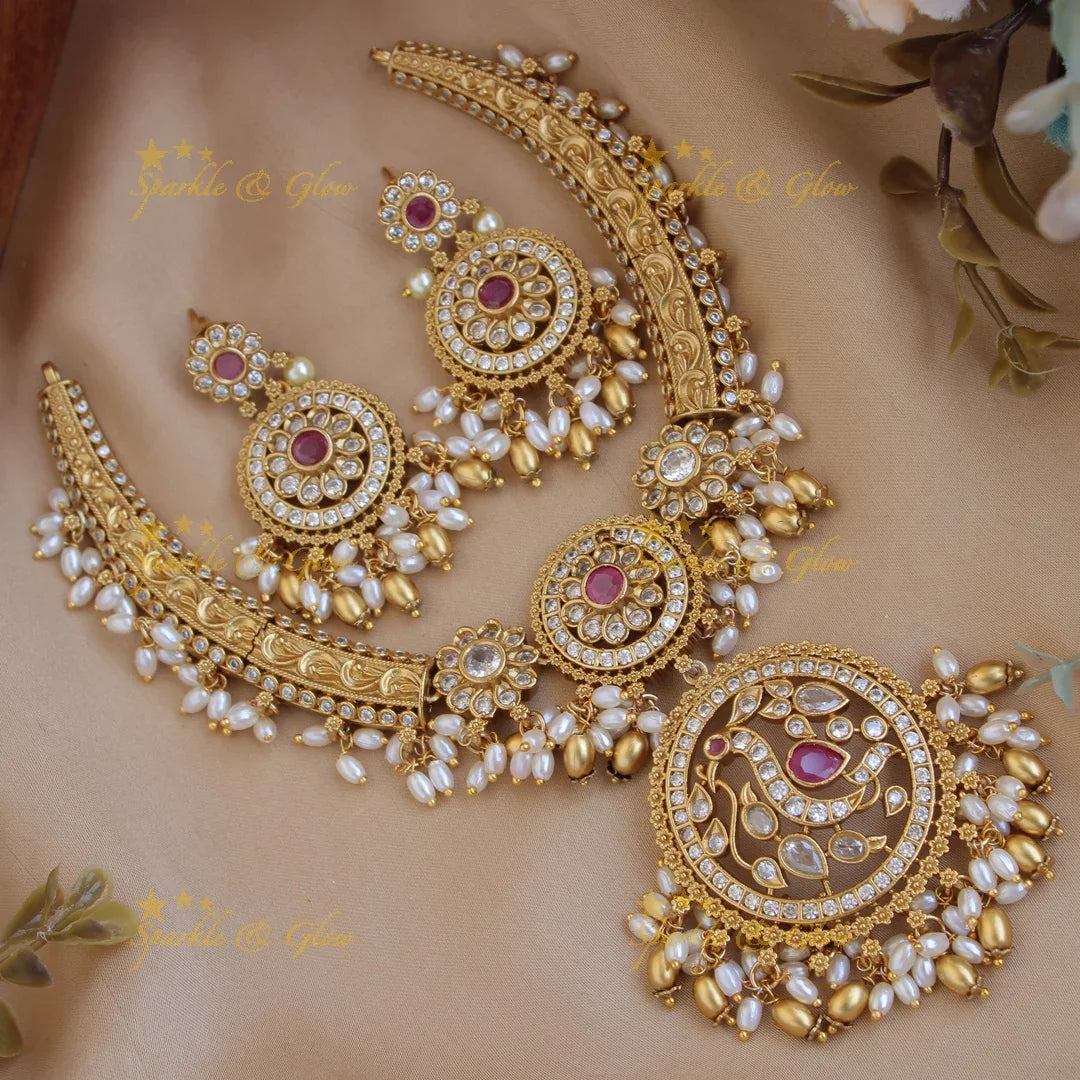 Premium matt floral peacock carved gutta pusalu short necklace with CZ stones rice pearls ruby - Sparkle and Glow