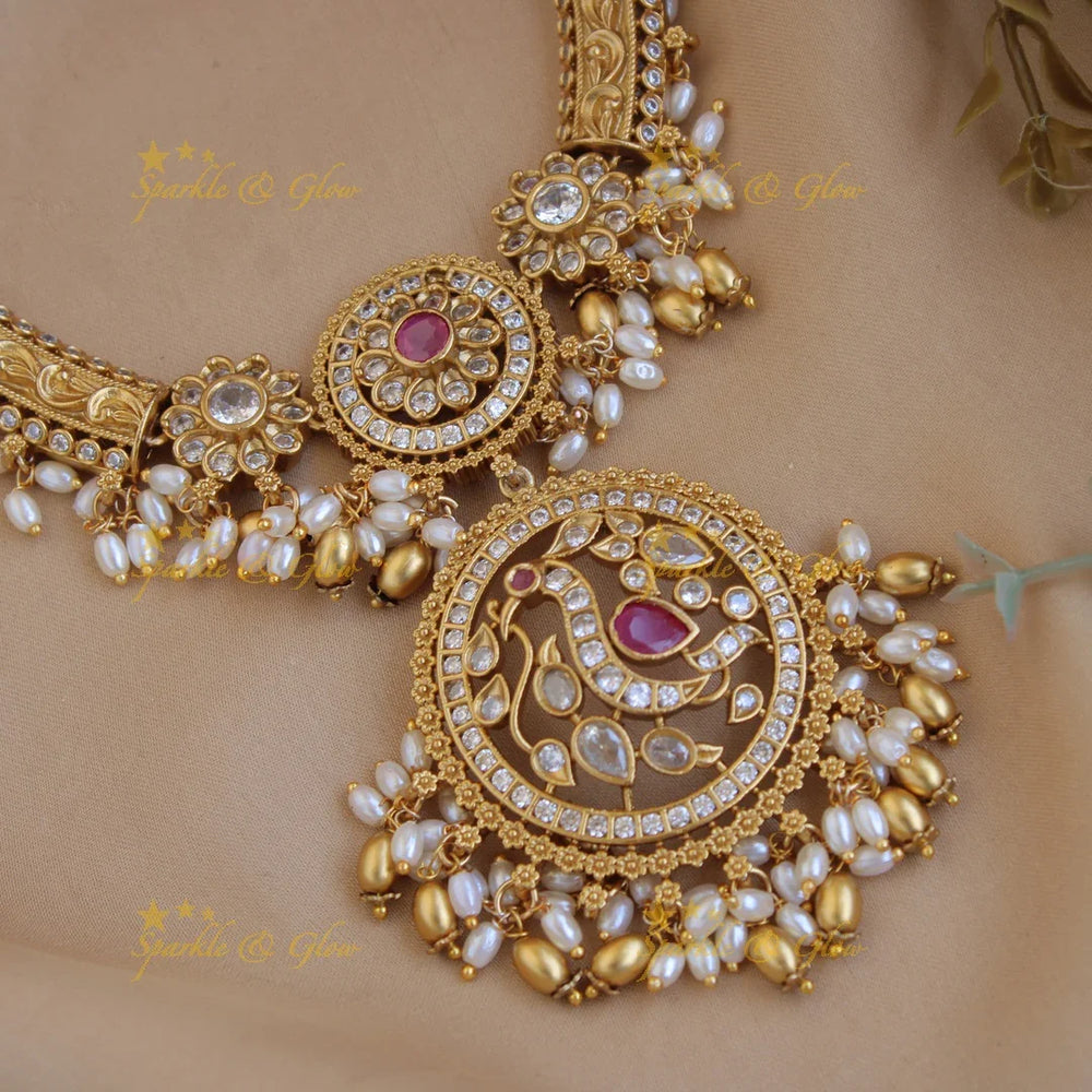 Premium matt floral peacock carved gutta pusalu short necklace with CZ stones rice pearls ruby - Sparkle and Glow